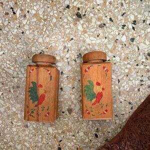 Vintage Wooden Spice Jars with Rooster Design